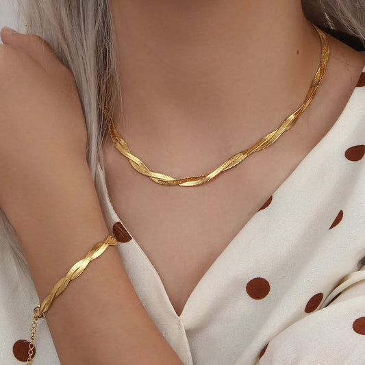 Gold Chain Necklace Stainless Steel Gold Plated Braided.