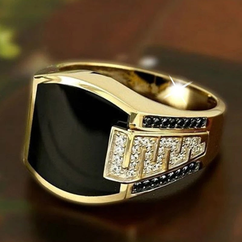 Men Style Black Square Gold Plated Formal Ring