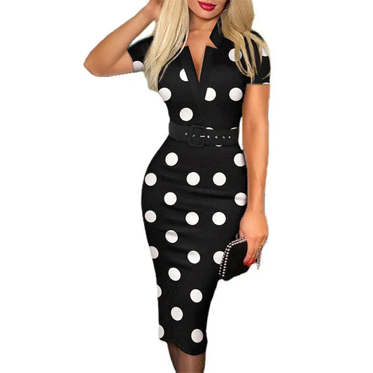 Elegant Polka Dot V-Neck High Waist Dress With Belt Long Sleeves Women Dress