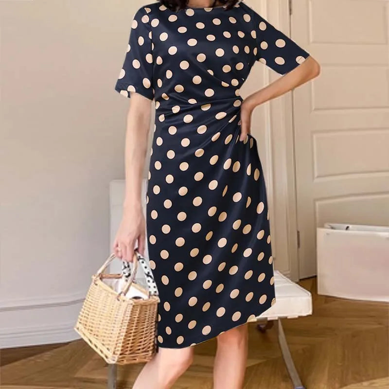 Polka Dot Women Crew Neck Short Sleeves Lone Sleeves Round Neck Pleated Stretchable Regular White and Black DressDress