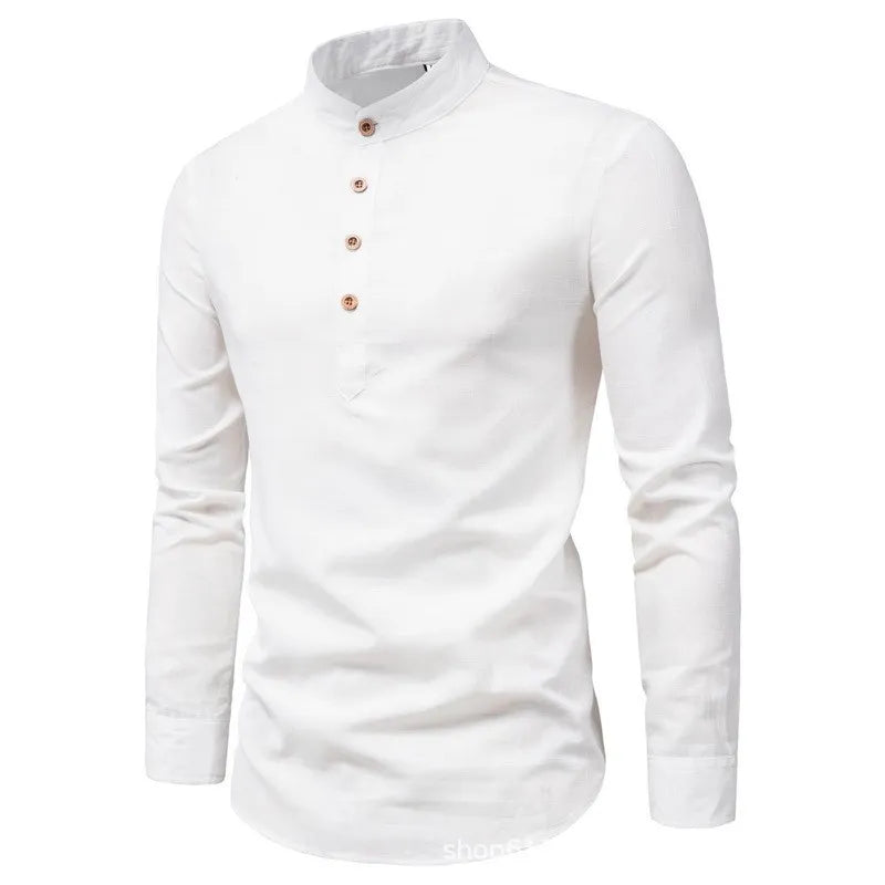Men's solid color casual slim fitting collar long sleeved shirt