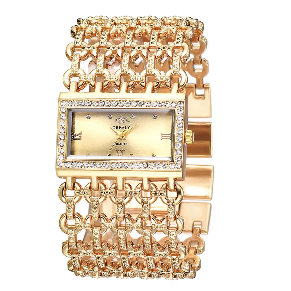 New Luxury Women Square Diamond  Wide Band Quartz Square Watch gold Tone