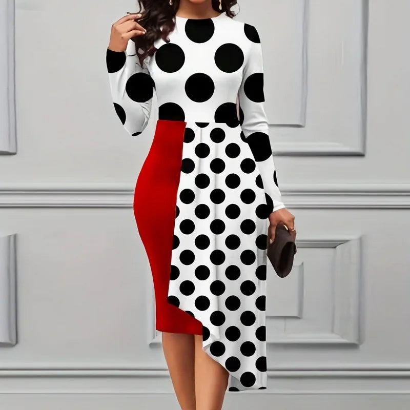 Elegant Ruffle Hemm Printed Women Long Sleeves Dress