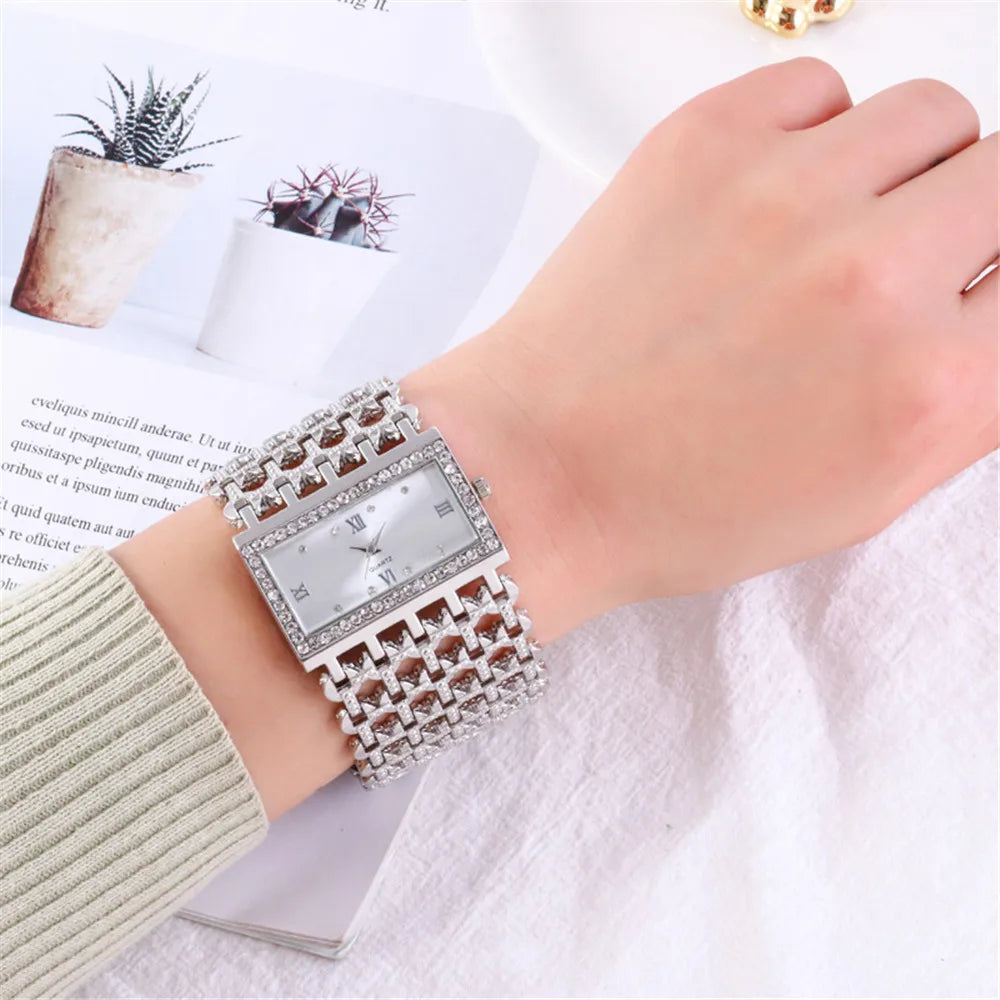 New Luxury Women Square Diamond  Wide Band Quartz Square Watch gold Tone