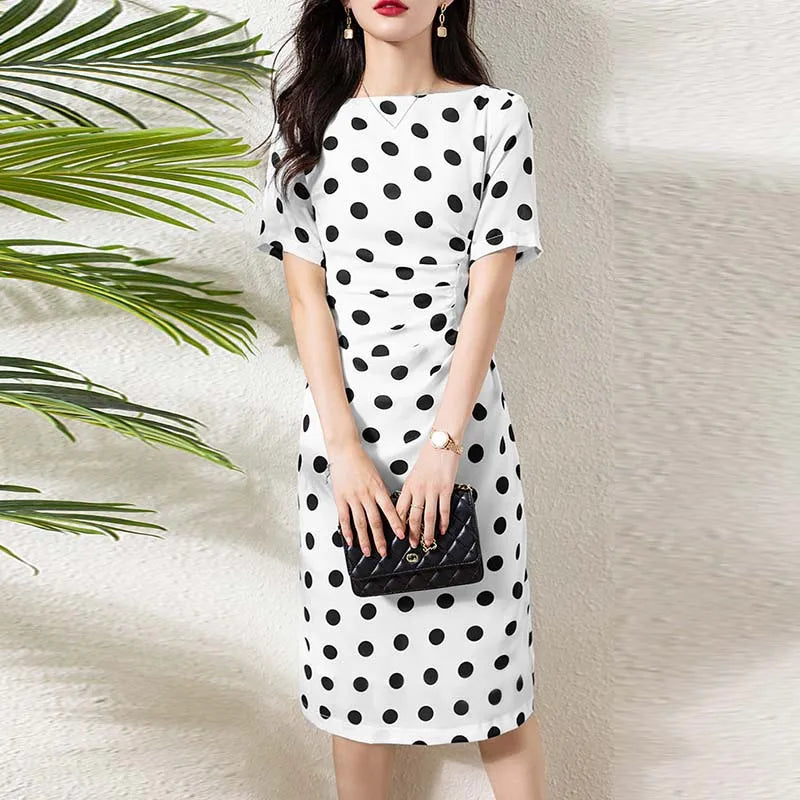 Polka Dot Women Crew Neck Short Sleeves Lone Sleeves Round Neck Pleated Stretchable Regular White and Black DressDress