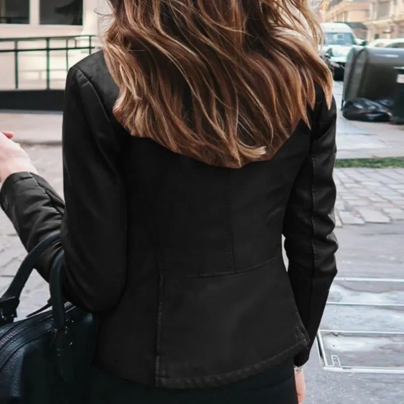 Women Classic Leather Formal Jacket Basic Zipper Coat