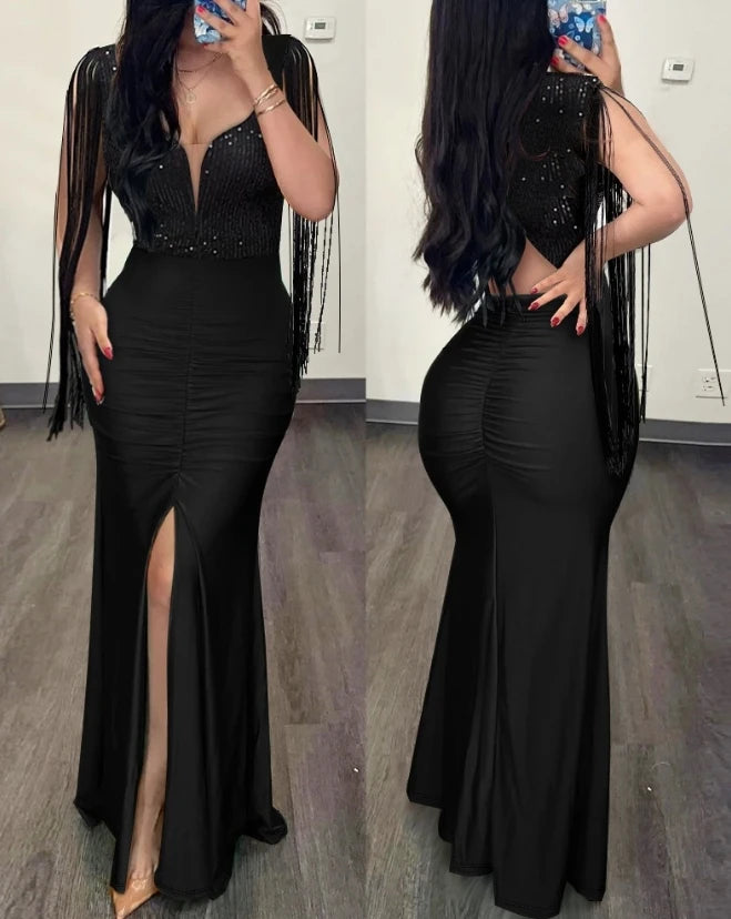 Elegant Evening Party Rhinestone cold Shoulder Slit Formal Women Dress