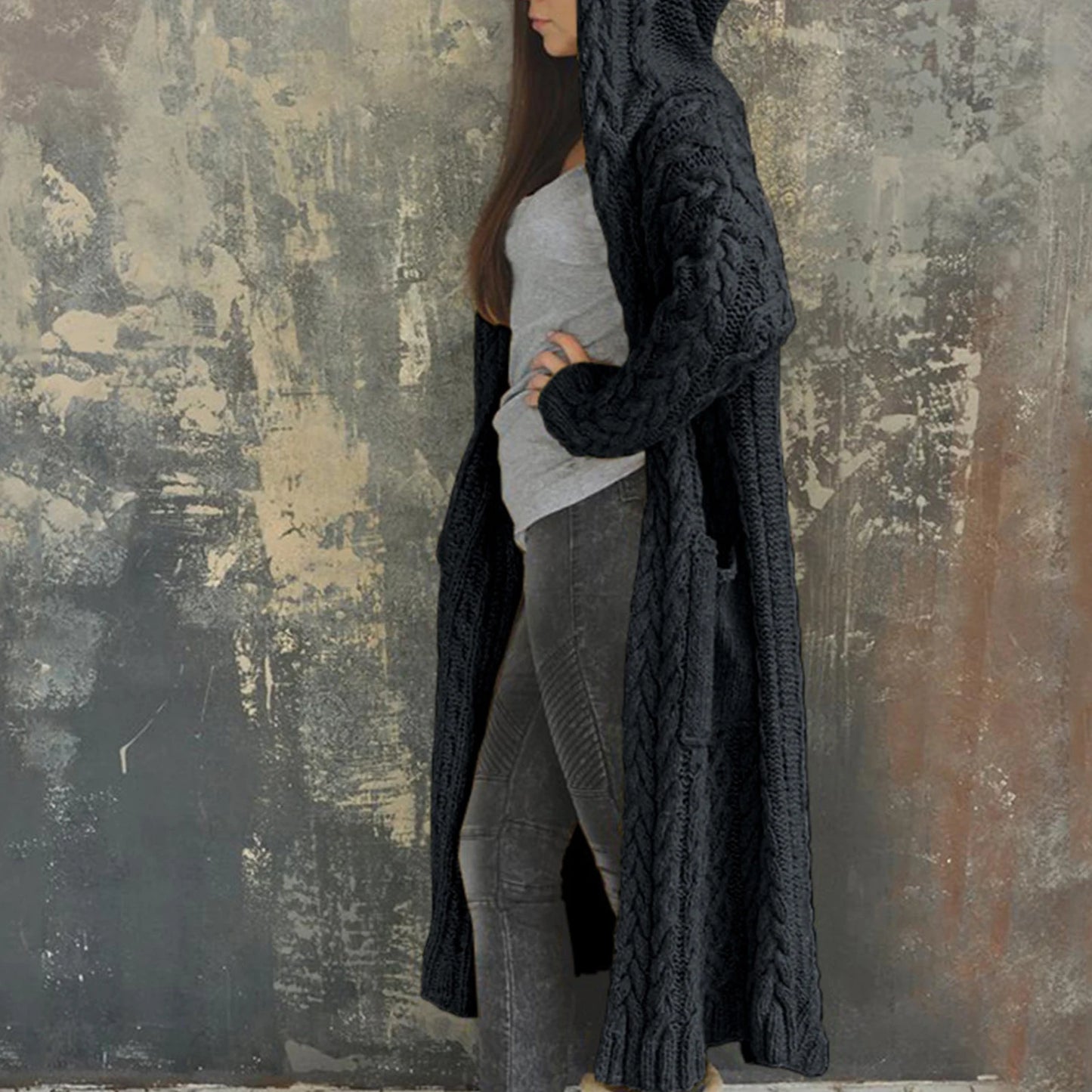 Women Braid Knit Cardigan Hooded Sweater Coat with Pockets Solid Long Sleeve