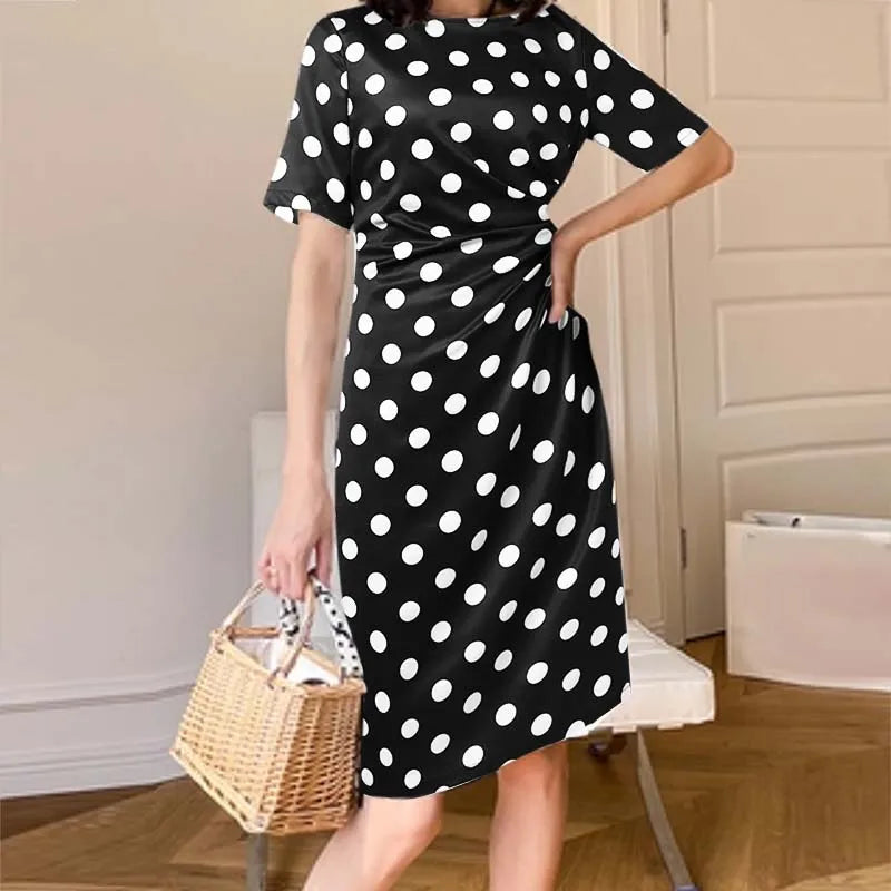 Polka Dot Women Crew Neck Short Sleeves Lone Sleeves Round Neck Pleated Stretchable Regular White and Black DressDress