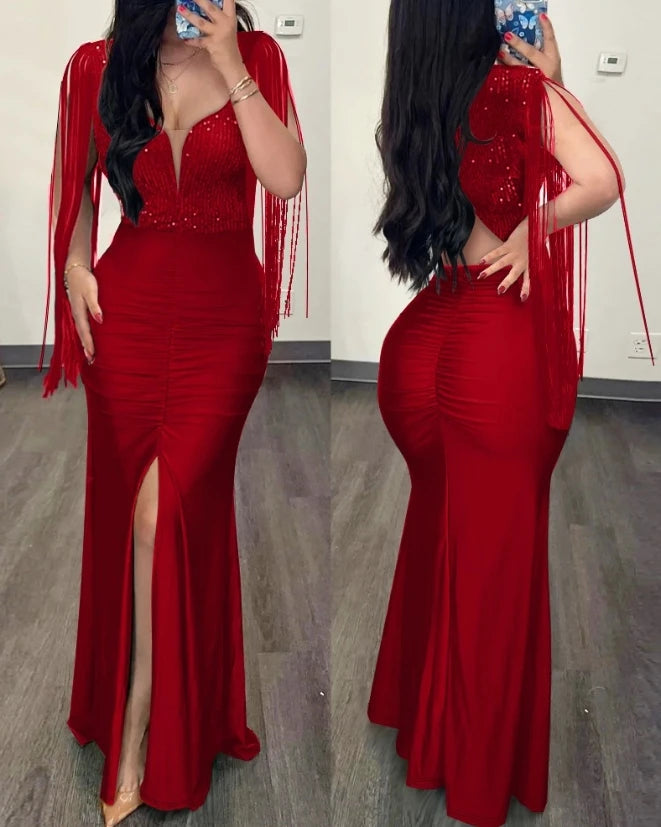 Elegant Evening Party Rhinestone cold Shoulder Slit Formal Women Dress
