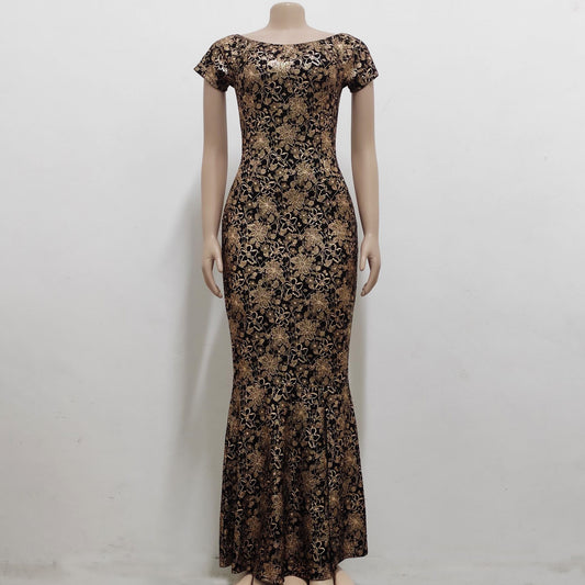 Women Luxury Designer Short Sleeves Floral Maxi Dress