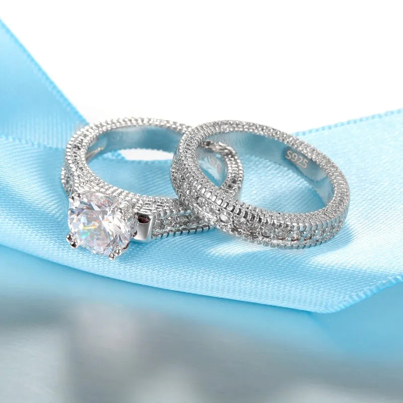 Elegant Sterling Silver Women Formal Two Peace Wedding Ring