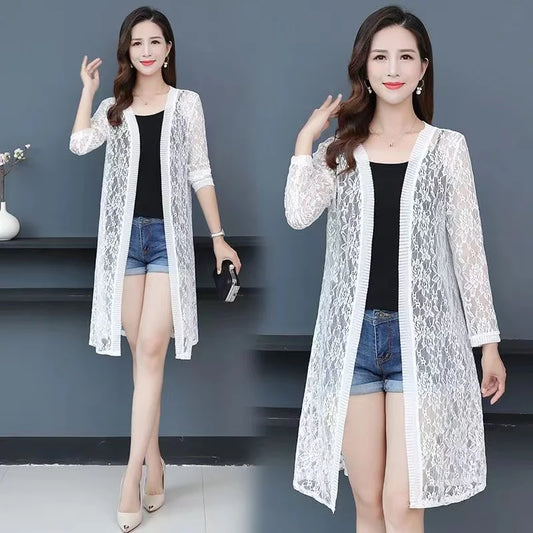 New Women Lace Cardigan  Mid=Length Long Sleeves Shawl.