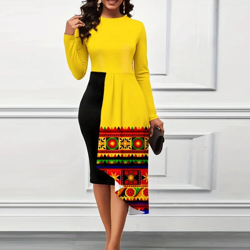 Elegant Ruffle Hemm Printed Women Long Sleeves Dress