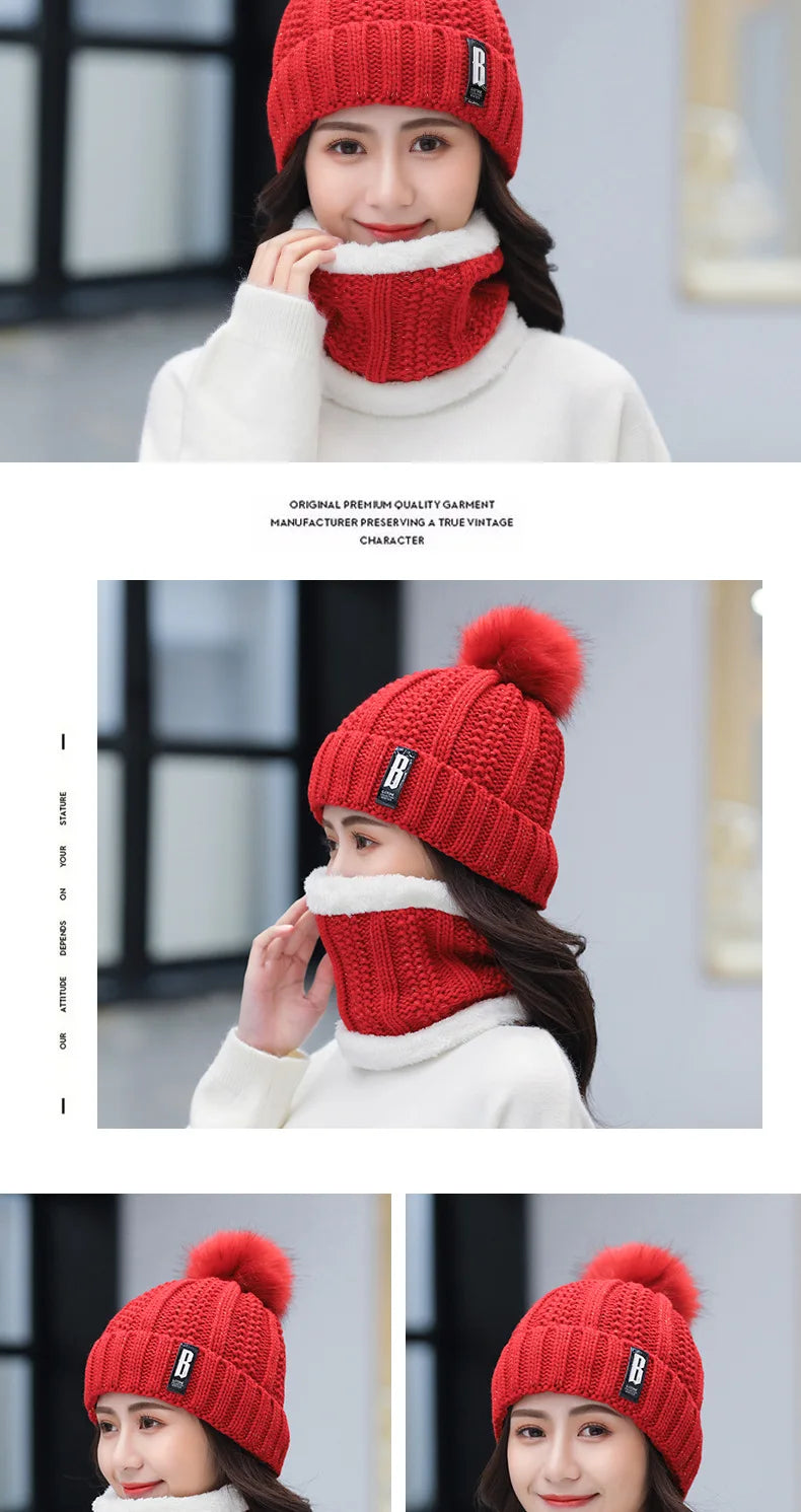 Beanies Knitted Wool Ski Windproof Hat Scarf