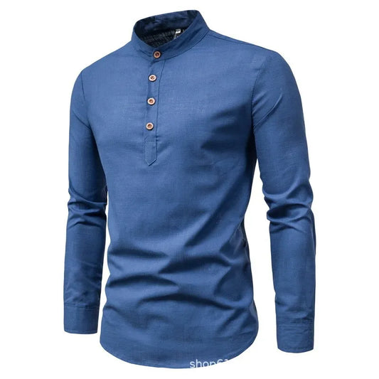 Men's solid color casual slim fitting collar long sleeved shirt