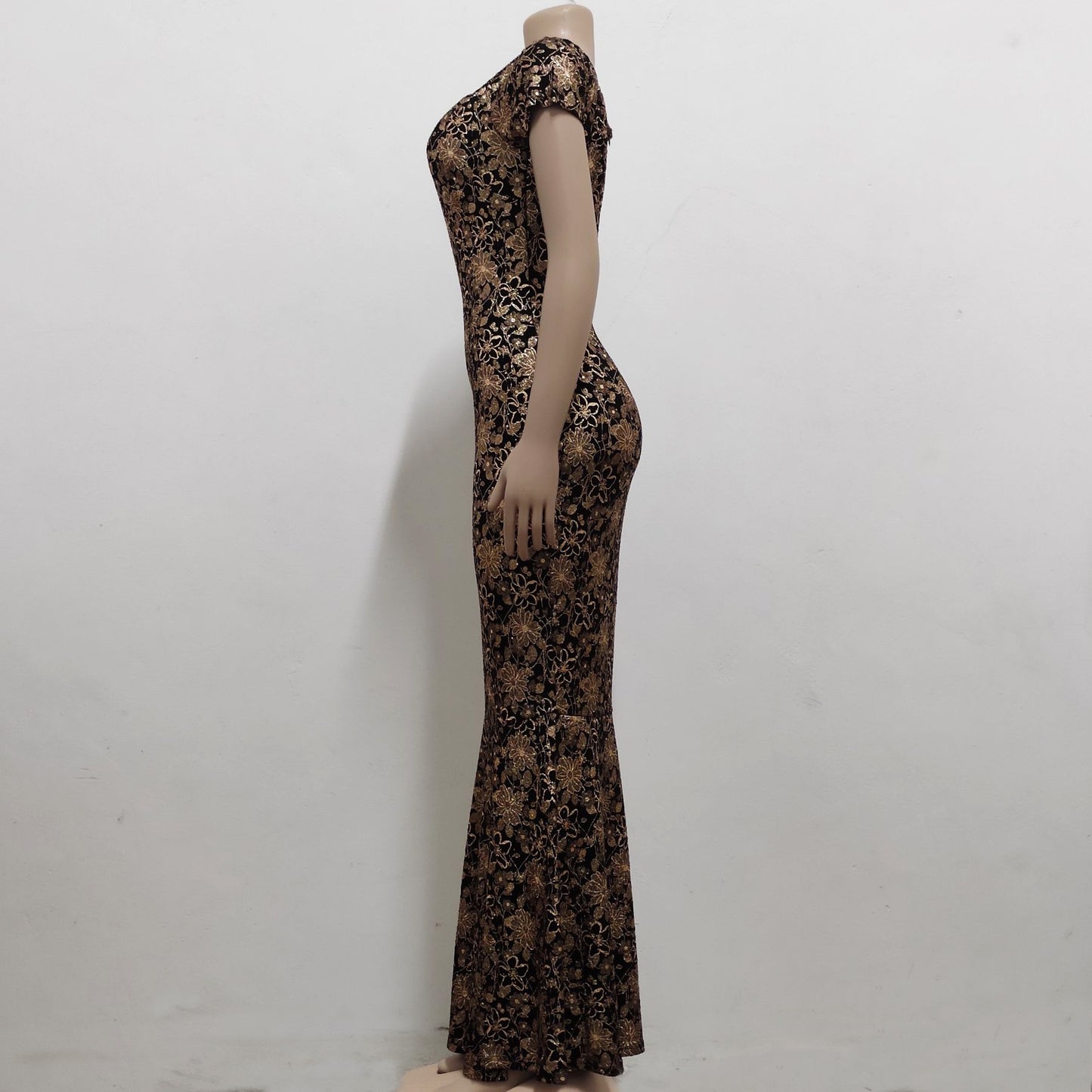 Women Luxury Designer Short Sleeves Evening Gown Floral Maxi Dress