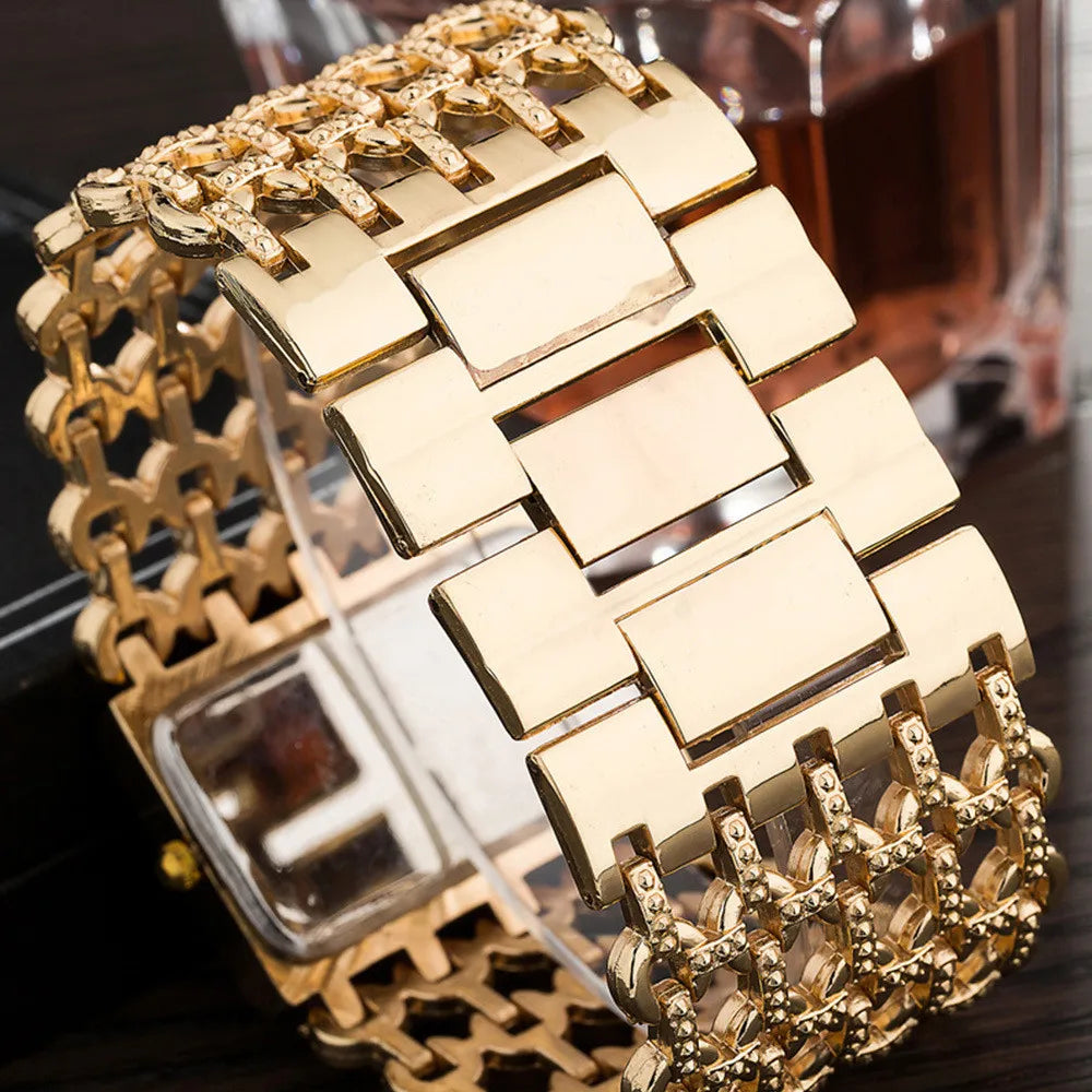 New Luxury Women Square Diamond  Wide Band Quartz Square Watch gold Tone