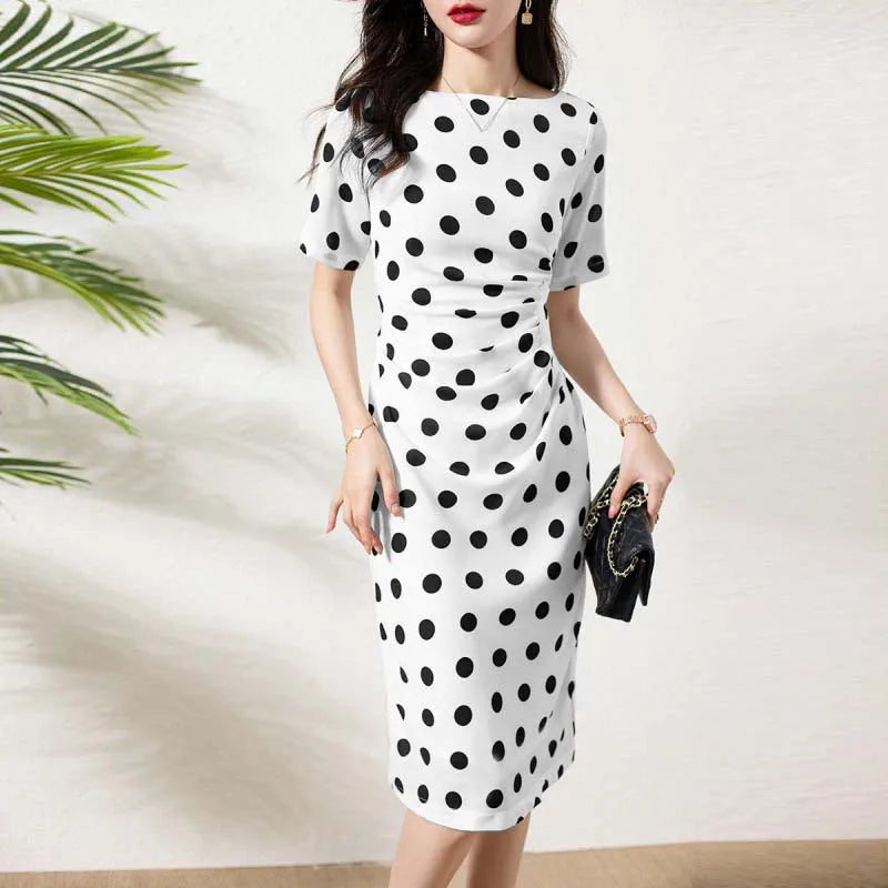 Polka Dot Women Crew Neck Short Sleeves Lone Sleeves Round Neck Pleated Stretchable Regular White and Black DressDress