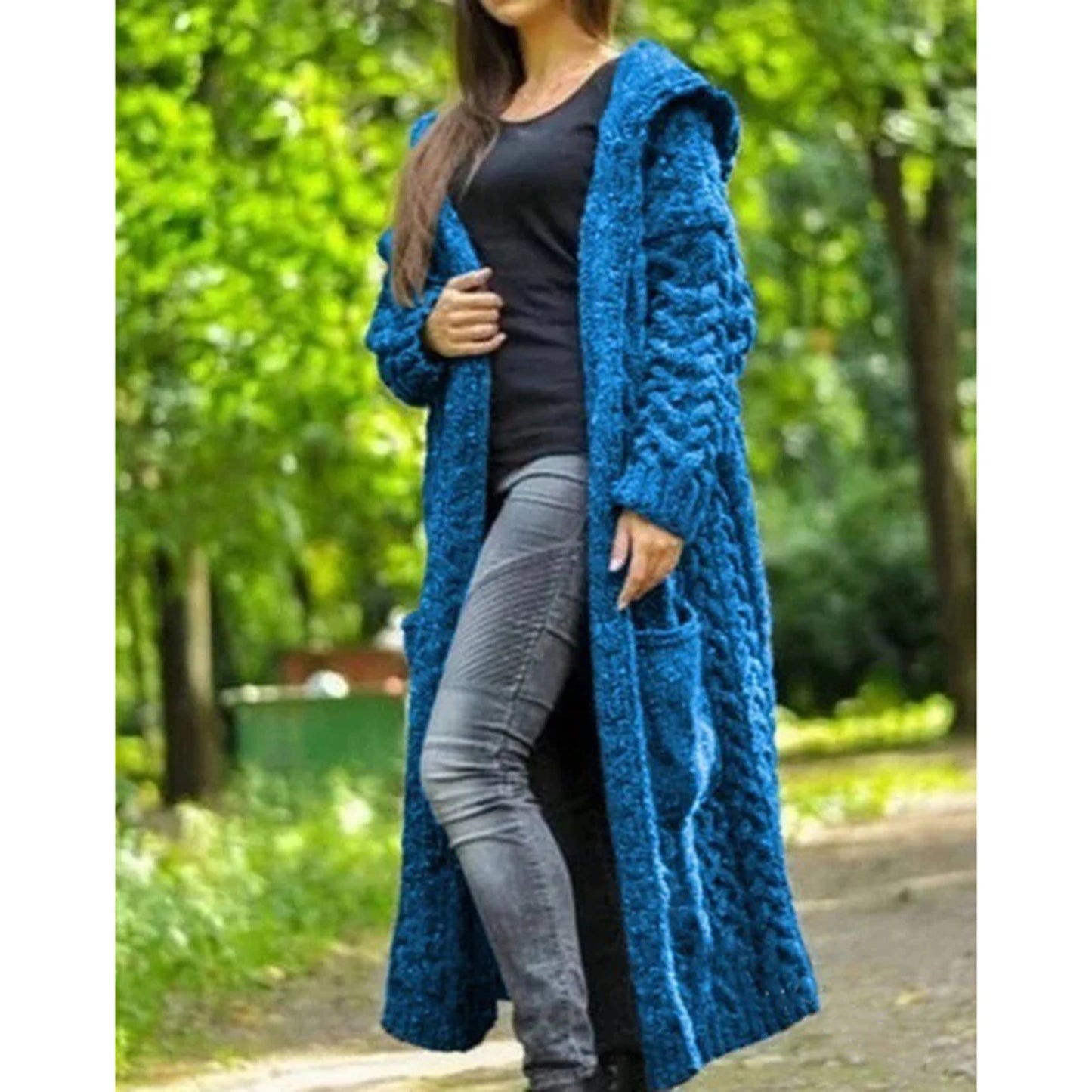 Women Braid Knit Cardigan Hooded Sweater Coat with Pockets Solid Long Sleeve