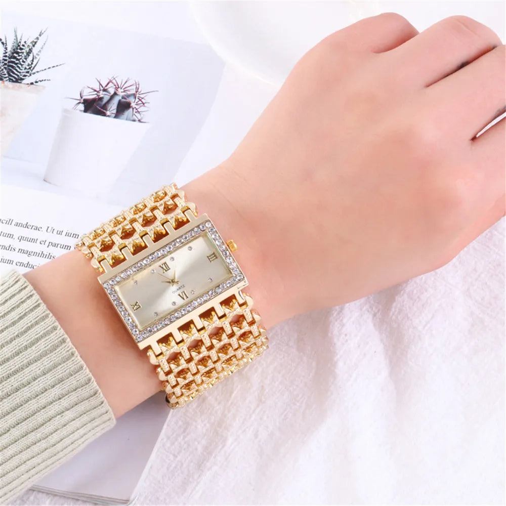 New Luxury Women Square Diamond  Wide Band Quartz Square Watch gold Tone