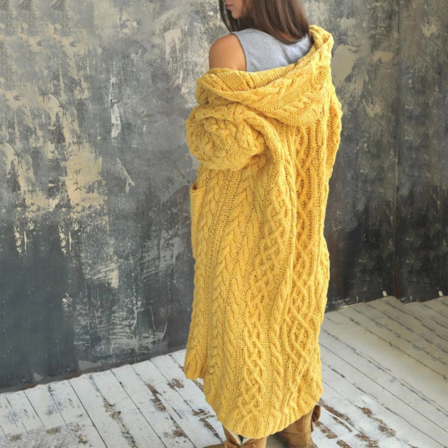 Women Braid Knit Cardigan Hooded Sweater Coat with Pockets Solid Long Sleeve