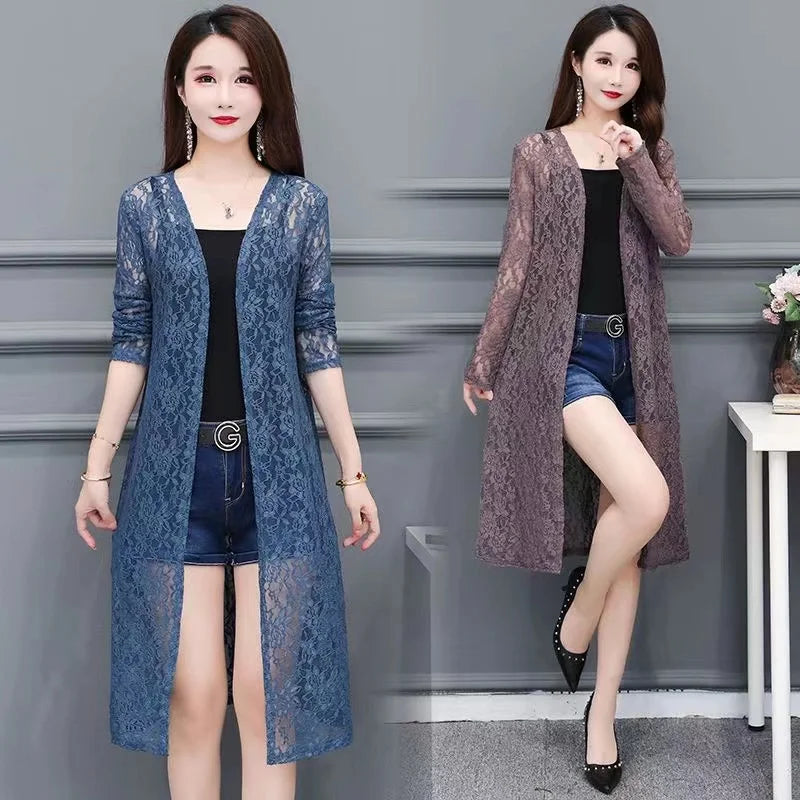 New Women Lace Cardigan  Mid=Length Long Sleeves Shawl.