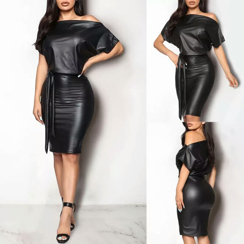 Off One Shoulder Leather Dress