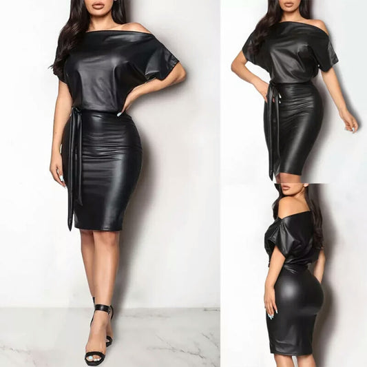 Off One Shoulder Leather Dress