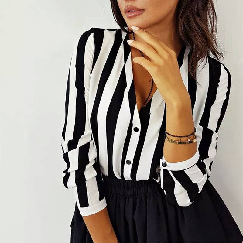 3/4 Lady V Neck Strips Blouse Top