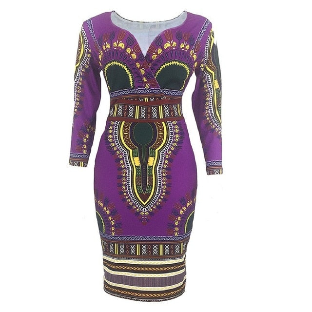 V Neck Printed Waist African Church Dress