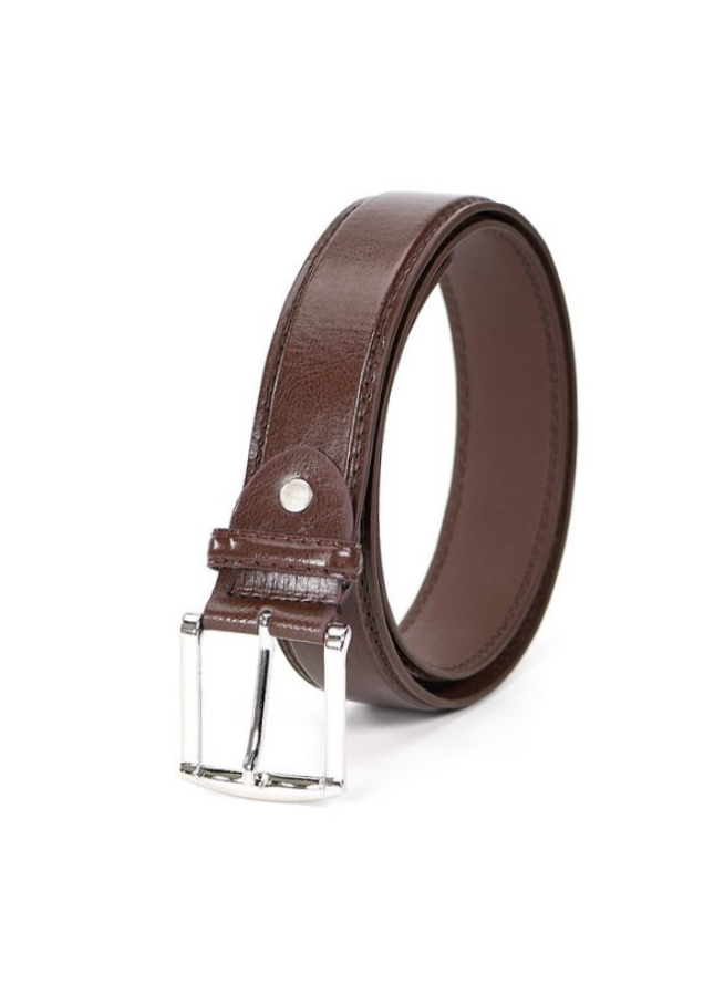 Men Brown Leather Sliver Buckle Formal Work Office Belt
