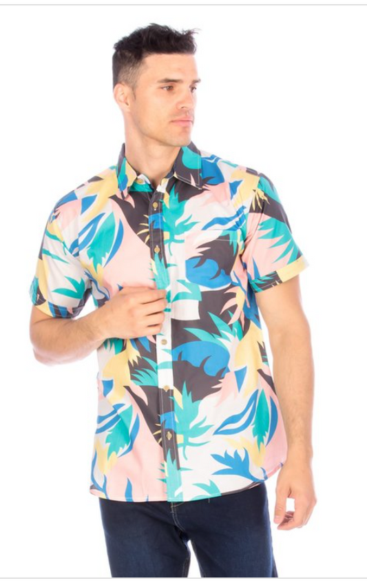 Printed Short Sleeve Men Button Up Shirt