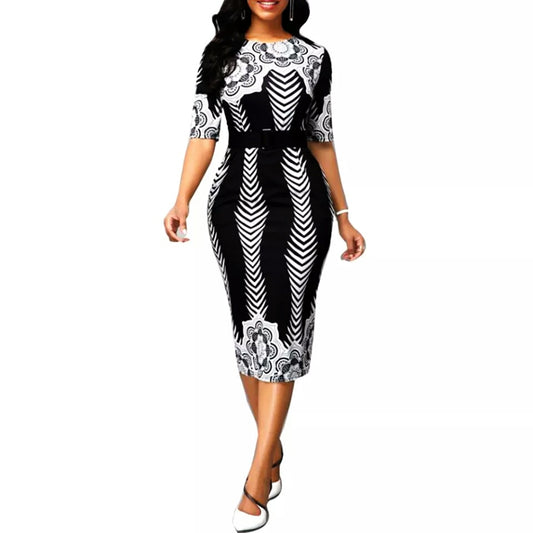 Women Bodycon Round Neck 3/4 Sleeves Elegant Dress