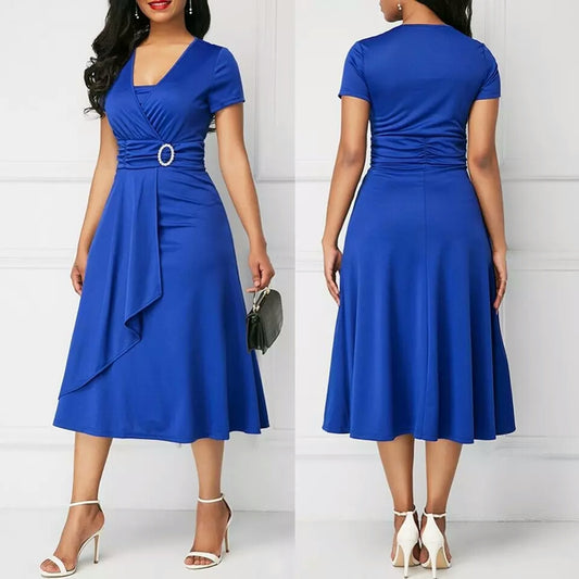 Women Solid Short Sleeve Wrap Around Church Party Dress Office Work Dress
