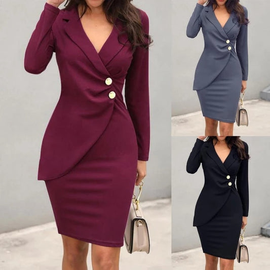 Bodycon  V-Neck Two Buttons Long Sleeves Solid Dress