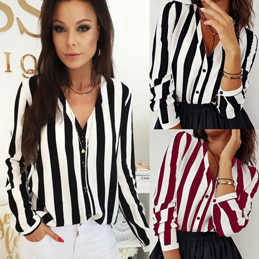 3/4 Lady V Neck Strips Blouse Top