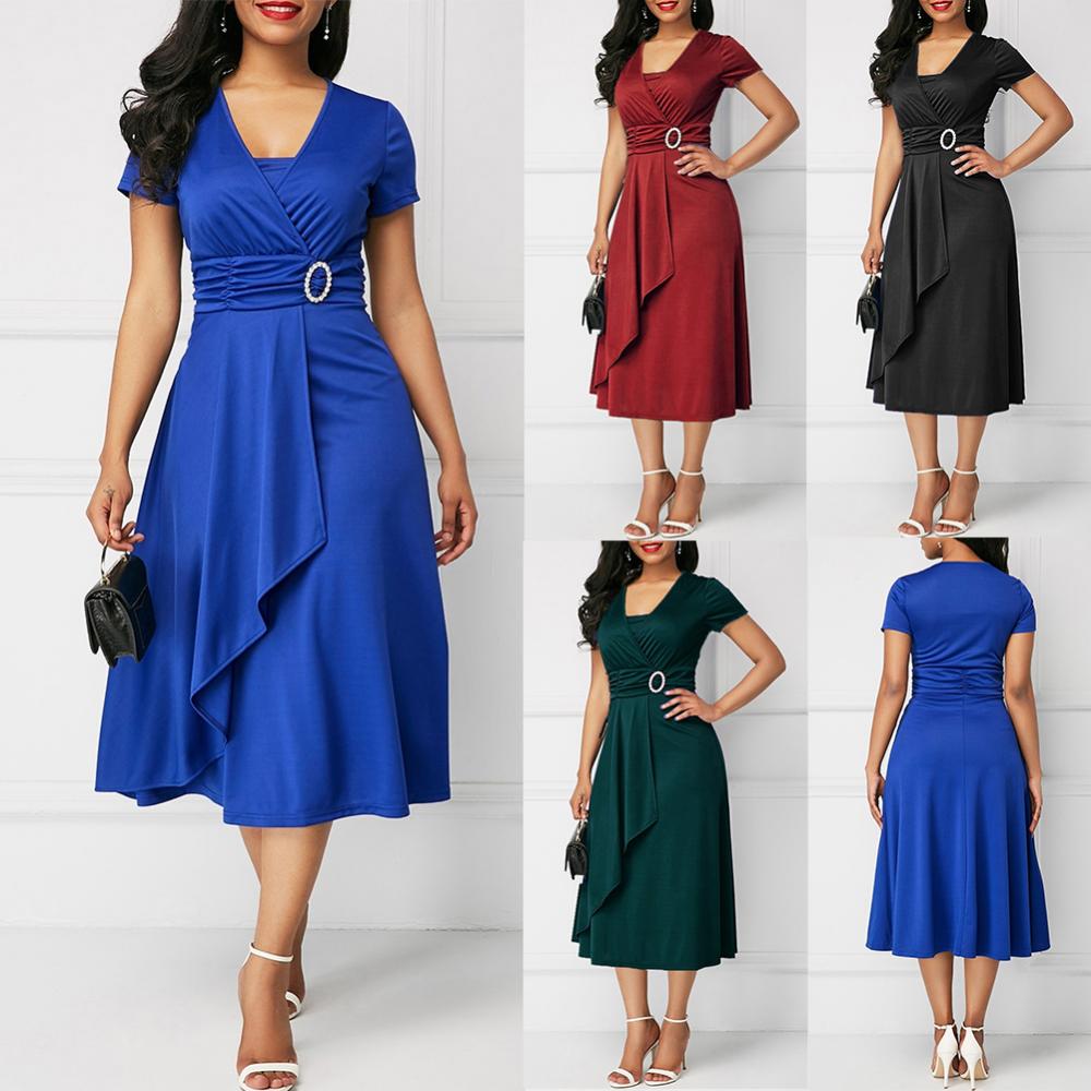 Women Solid Short Sleeve Wrap Around Church Party Dress Office Work Dress