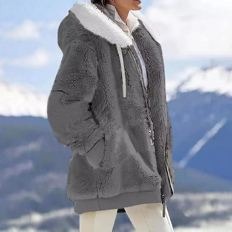 Women Winter Coat With Hoodie Lamb Hair Zipper