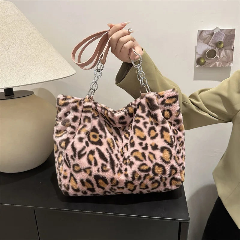 Leopard Printed Stylish Faux Fur Women Tote Bag