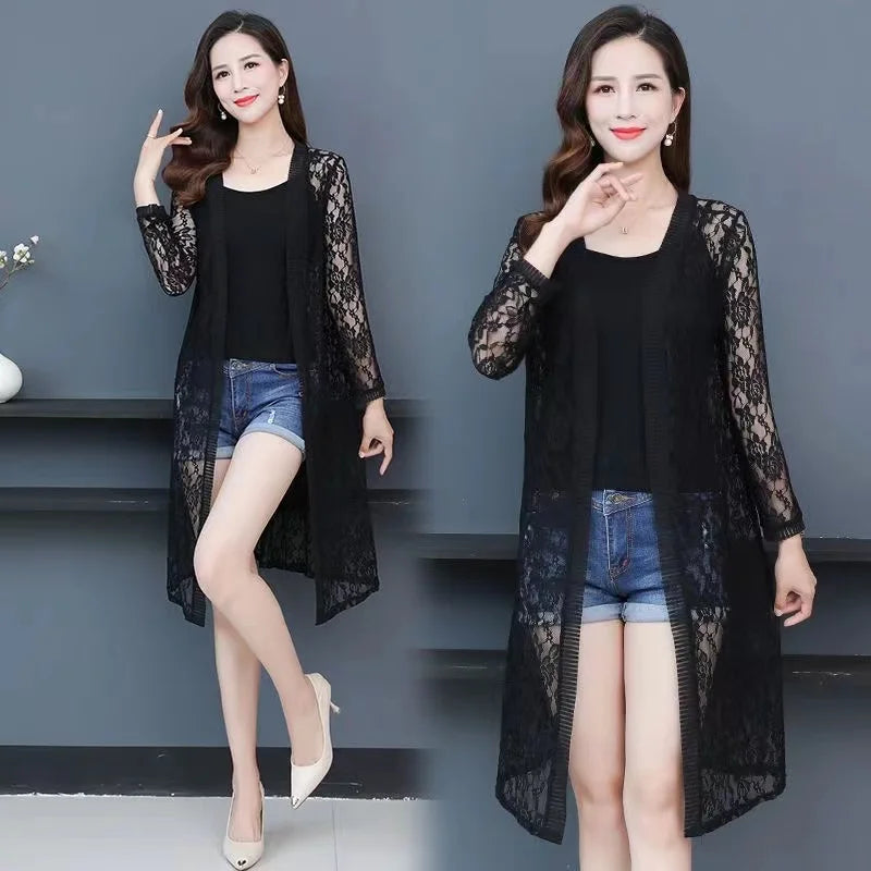 New Women Lace Cardigan  Mid=Length Long Sleeves Shawl.