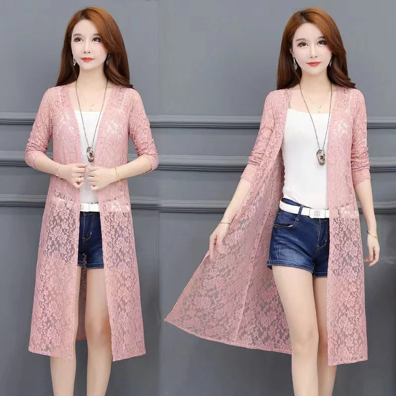 New Women Lace Cardigan  Mid=Length Long Sleeves Shawl.