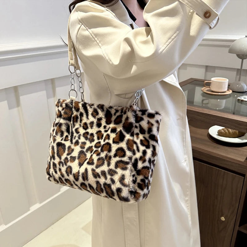 Leopard Printed Stylish Faux Fur Women Tote Bag