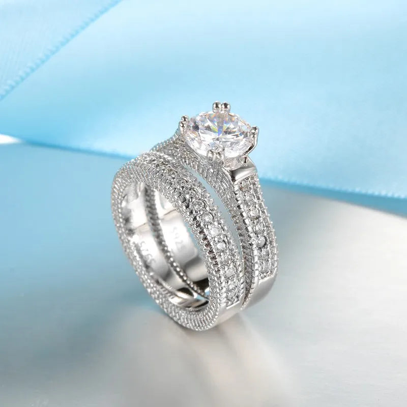 Elegant Sterling Silver Women Formal Two Peace Wedding Ring