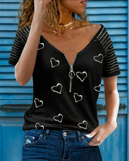 V-Neck Short Sleeves Women Blouse With Zipper Front Top